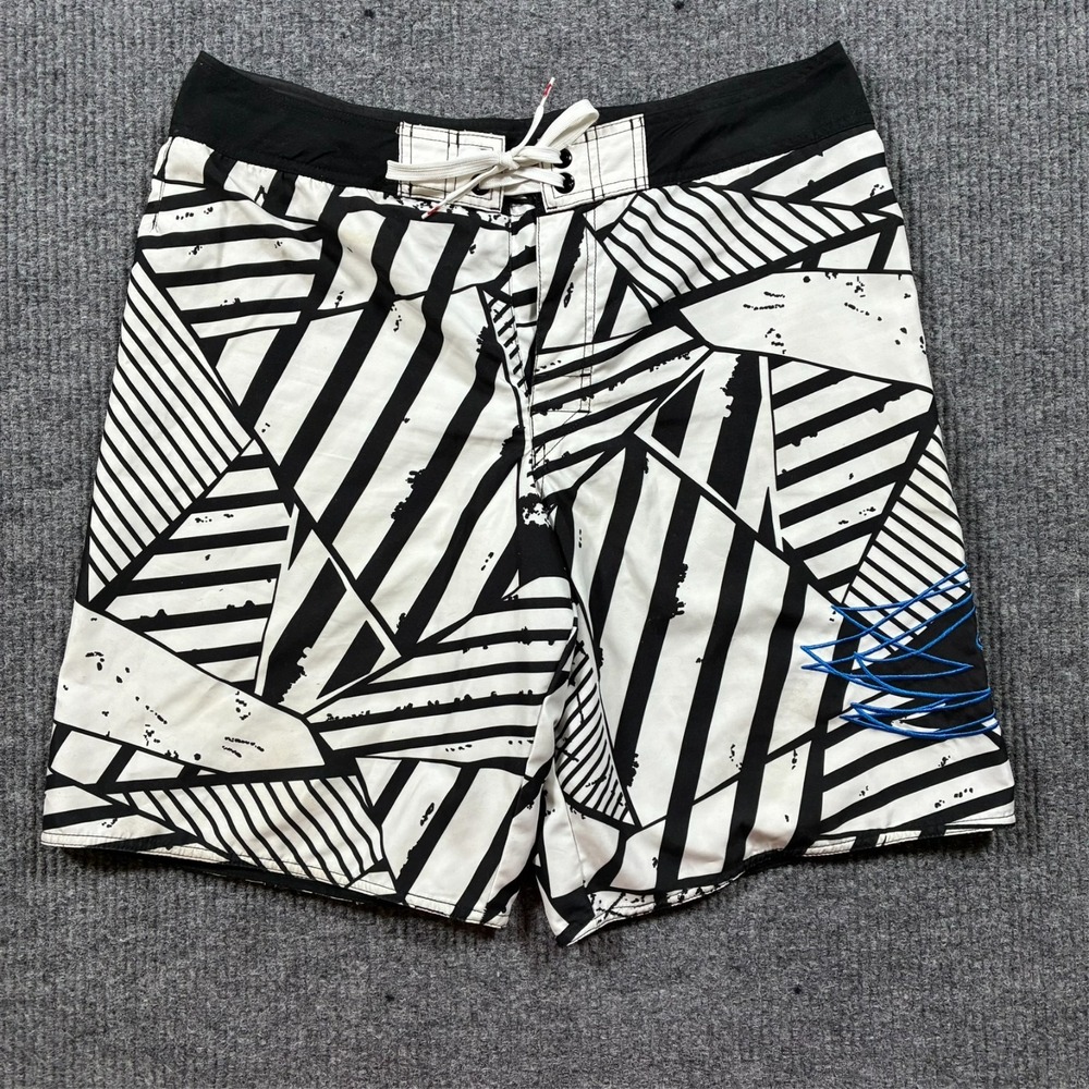 Hawk Mens Board Shorts Size 36 Black White Geometric Surf Swim Mesh Lined
